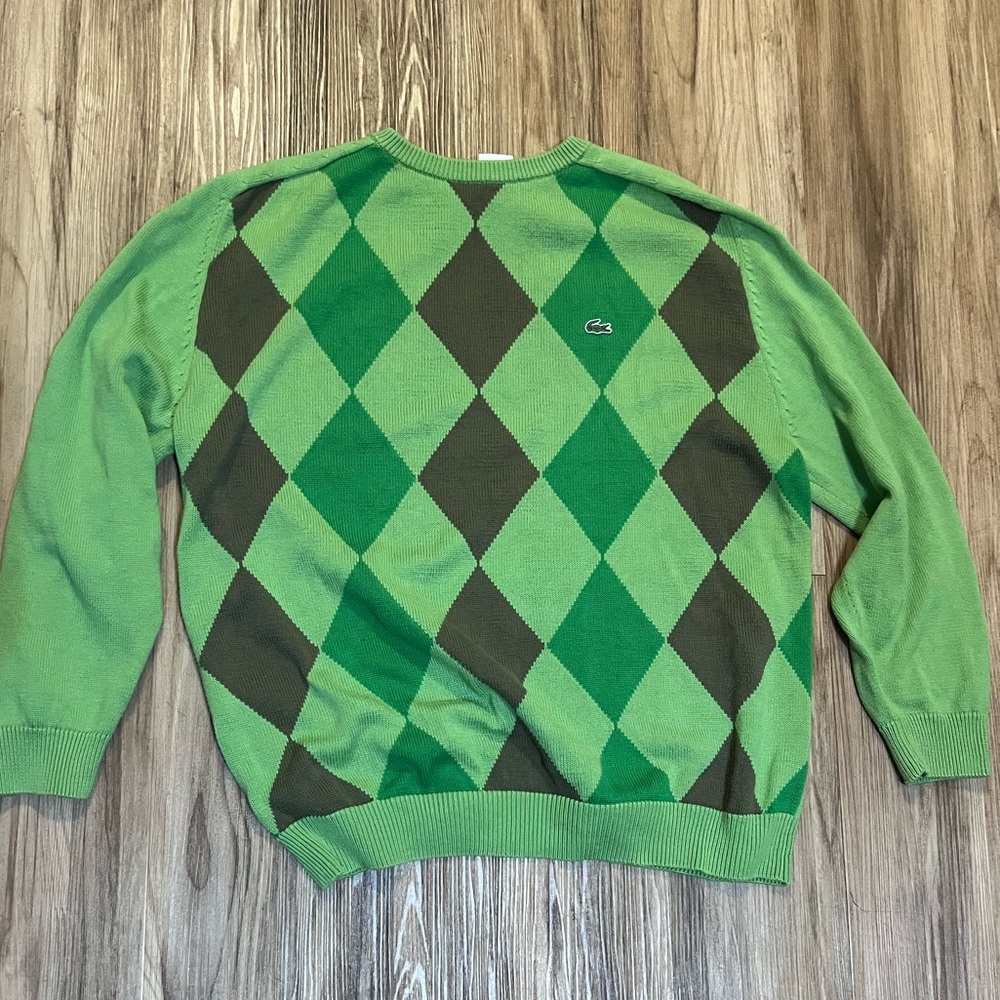 Vintage Lacoste Men's Green and Brown Argyle Crewneck Sweater
